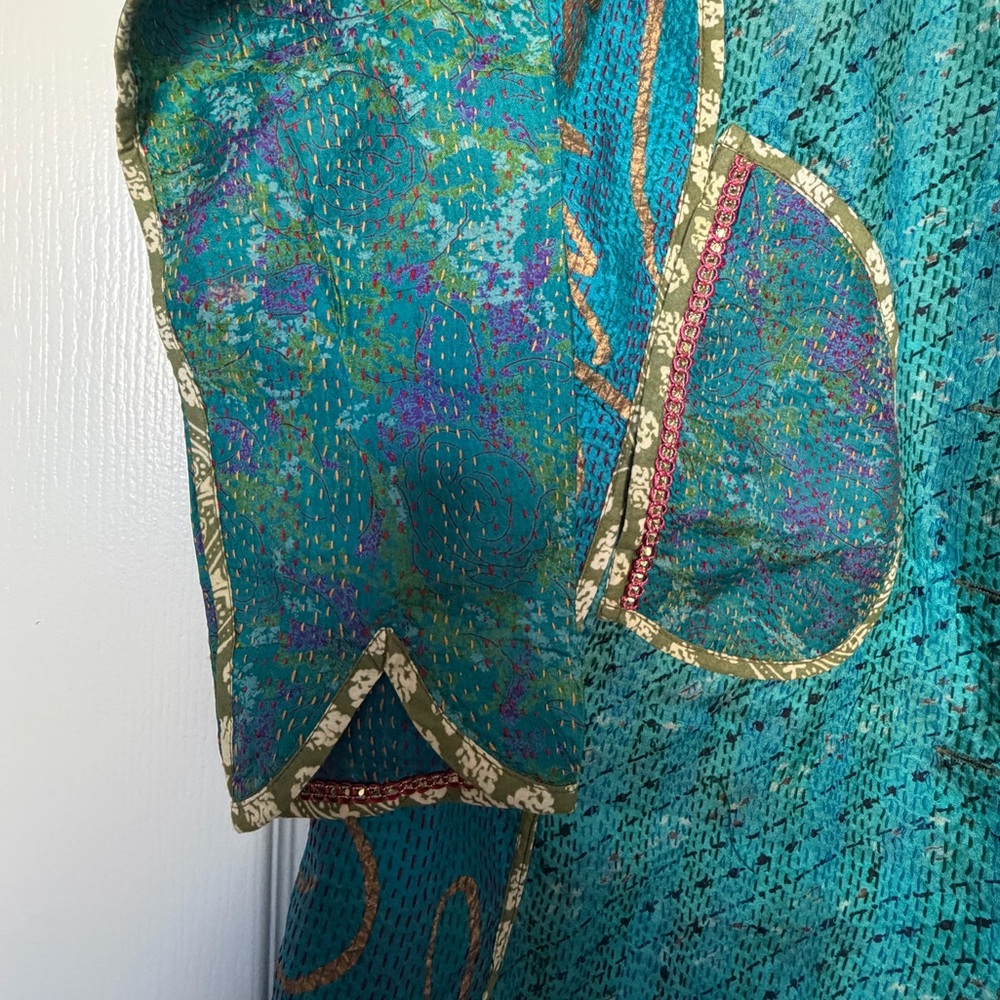 Turquoise Kantha Embroidered Long Jacket – Thread Handwork, Boho Statement - Picture 2 of 6